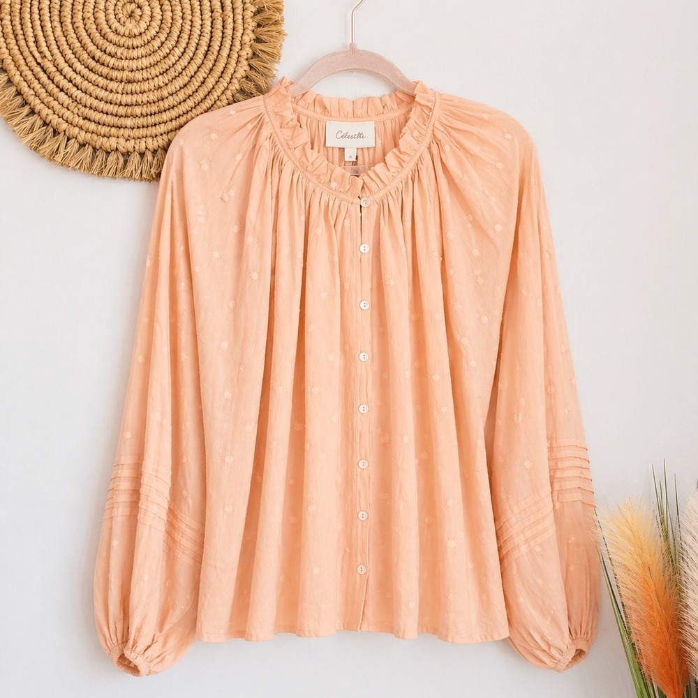 Cleobella NEW Alicia Dune Peach Textured Blouson Sleeve Peasant Top SZ XL Boho - Picture 2 of 11